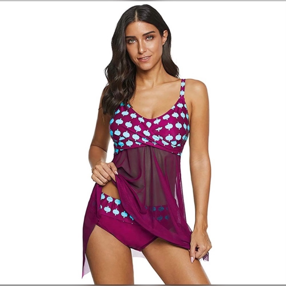 Magenta & Blue Polka Dot Print Sheer Mesh Top Retro Two-Piece Tankini Swimsuit